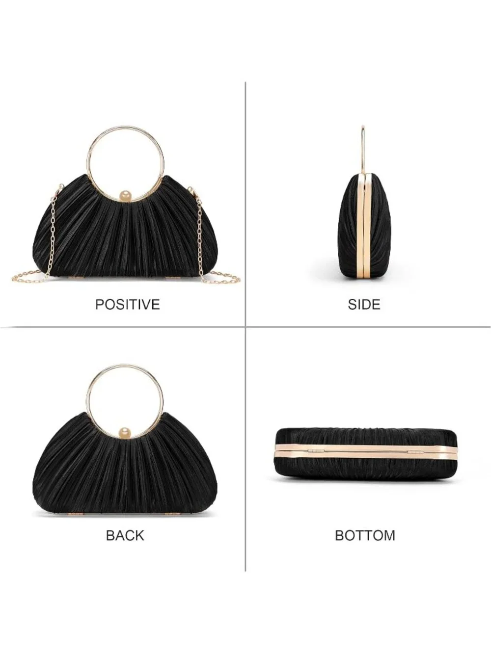 👜 Women's Black Satin Pleated Top Handle Clutch Handbag Elegant Evening Clutch